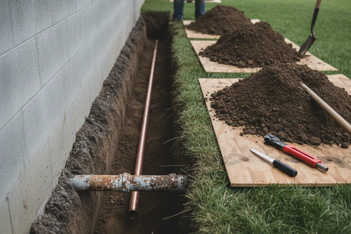 Excavated water line trench during Sewer Line Repair in Cobalt